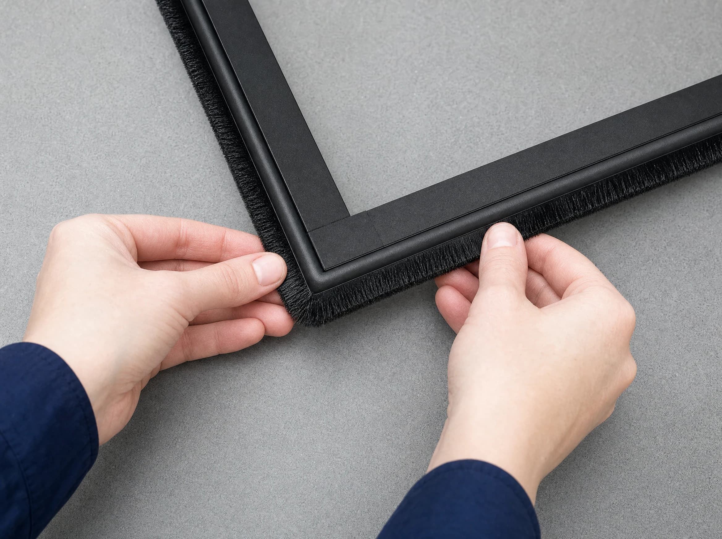 A self-adhesive brush strip being pressed along a OneRest blind frame