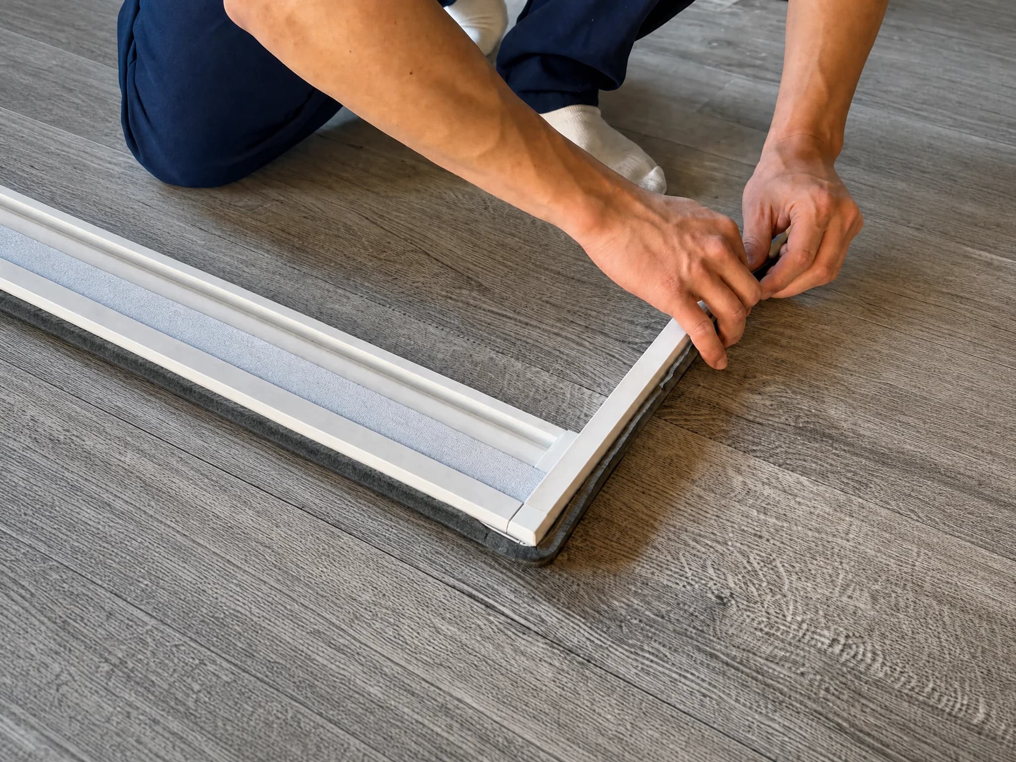 A self-adhesive brush strip being pressed along a OneRest blind frame