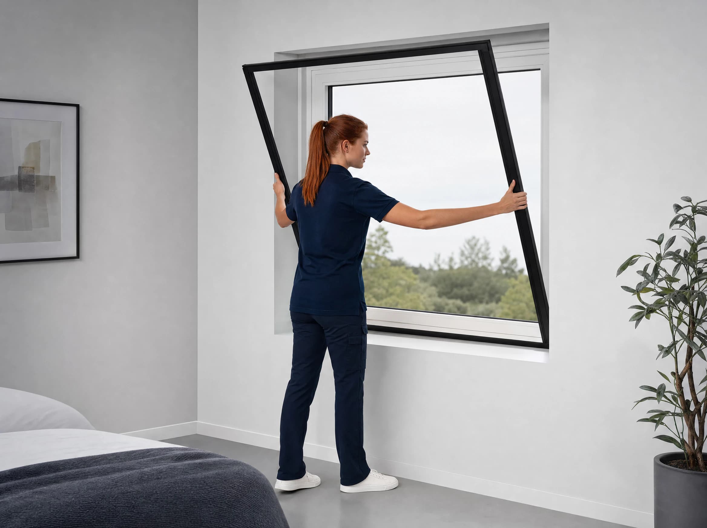 A person placing an assembled OneRest blackout blind inside a window recess