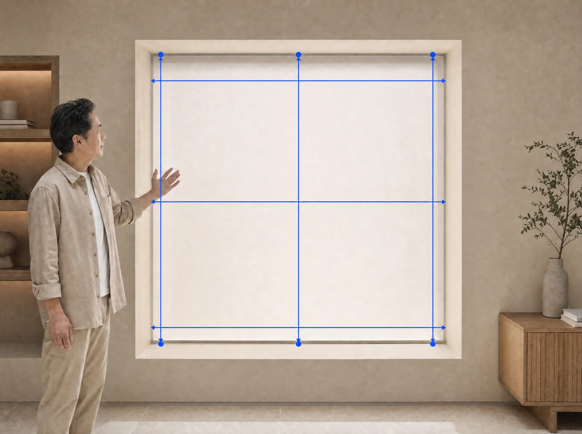 A window opening marked with three width and three height measurements