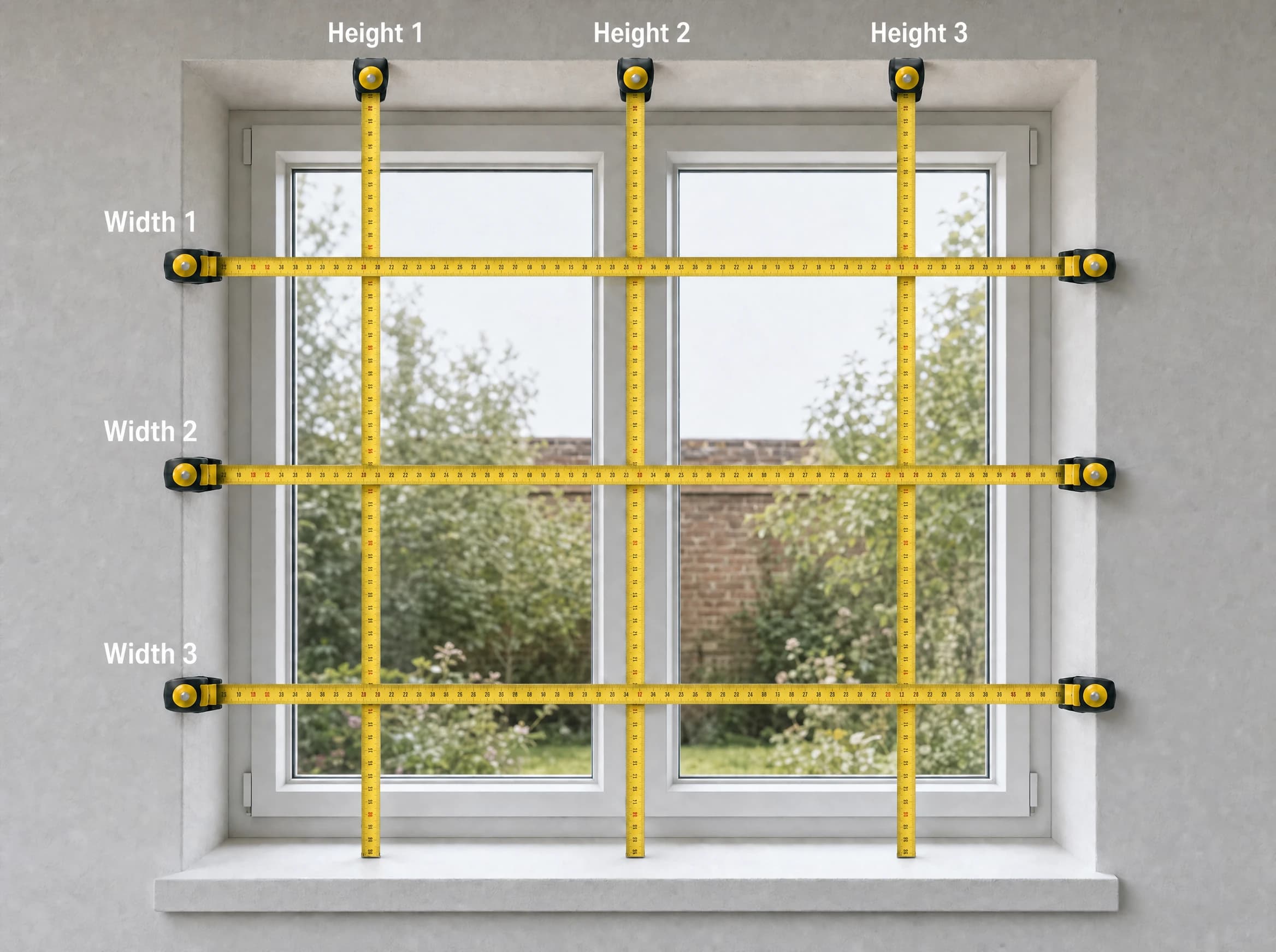 A window opening marked with three width and three height measurements