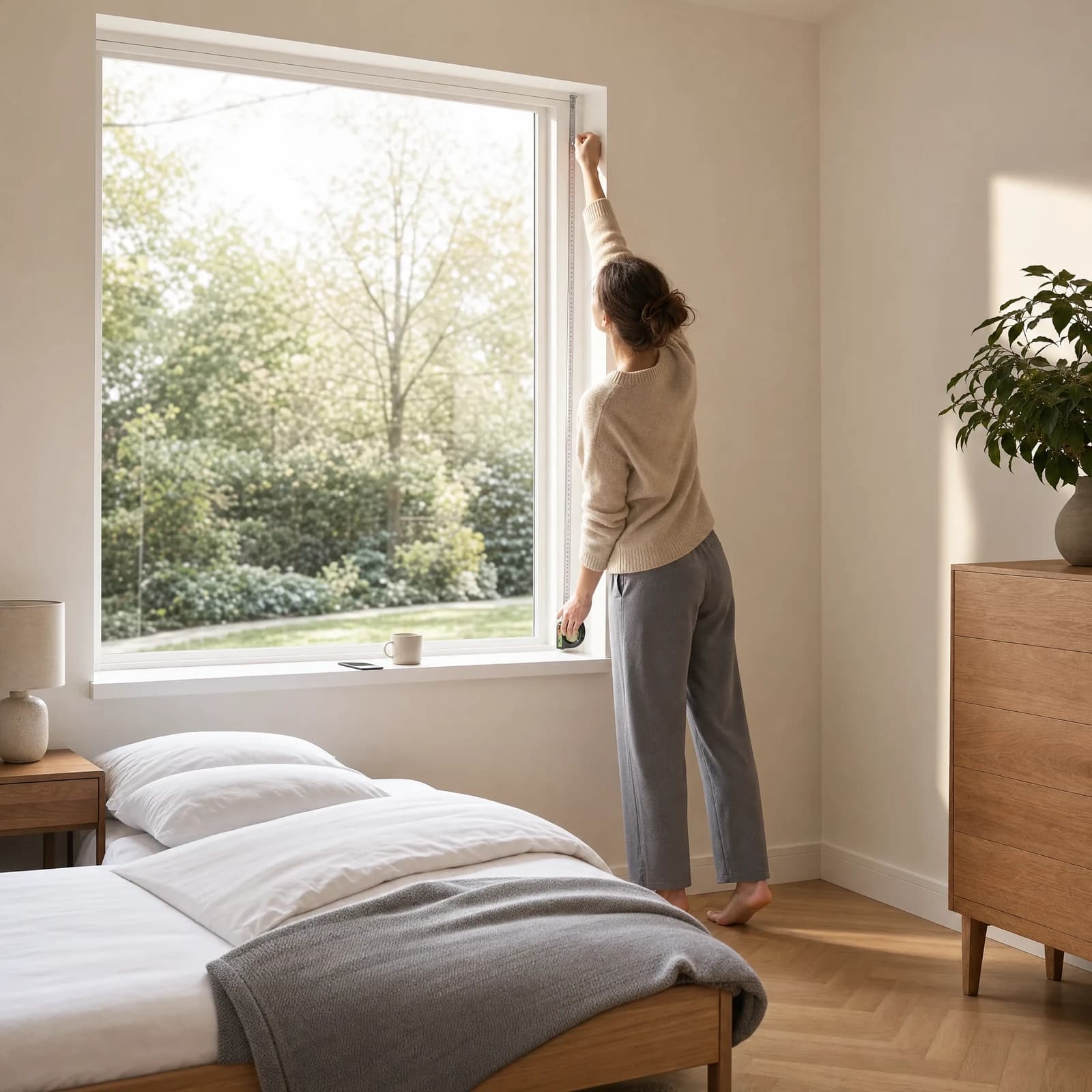 Someone measuring a bedroom window before ordering a made-to-measure OneRest blind