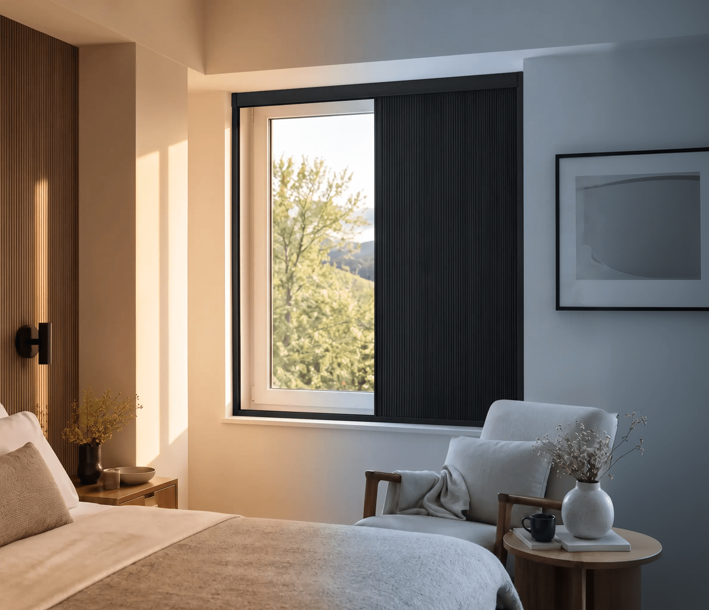 Bedroom window showing warm daylight on one side and a cooler shaded area behind OneRest Blind
